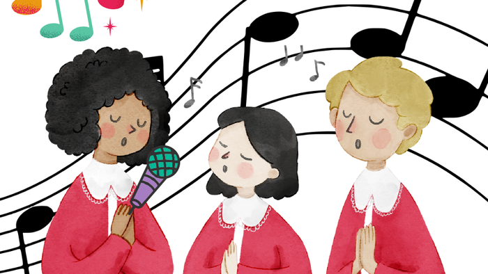 Tre jubilere synger i kor med mikrofoner og noter i baggrunden