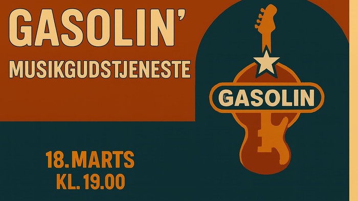 Plakatannoncering for Gasolins musiktjeneste-event den 18. marts kl. 19 med et guitar-logo.