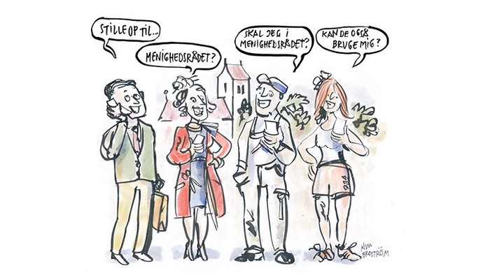 En gruppe mennesker står og snakker på dansk.