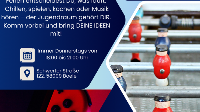 Dies ist der Flyer für den Treff am Donnerstag. Jeden Donnerstag treffen ich Jugendliche ab 12 Jahren im Melanchton - Gemeindehaus (Schwerter Straße 122, 58099 Hagen). Start ist um 18 Uhr und um 21 Uhr schließen die Türen. Dazwischen können die Jugendlich