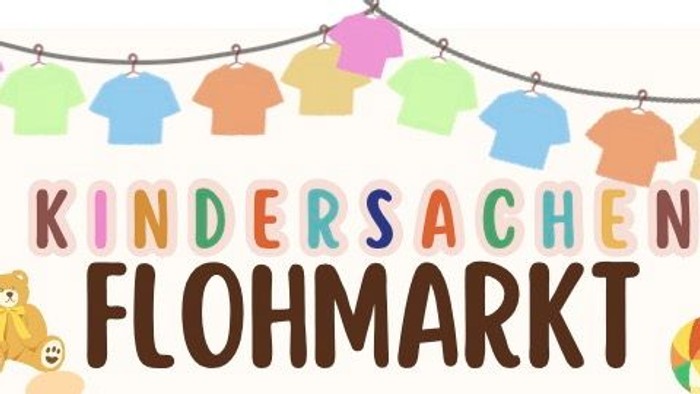 Buntes Logo mit Kleidung und Teddy um Aufmerksamkeit für den Kindersachenflohmarkt zu erregen