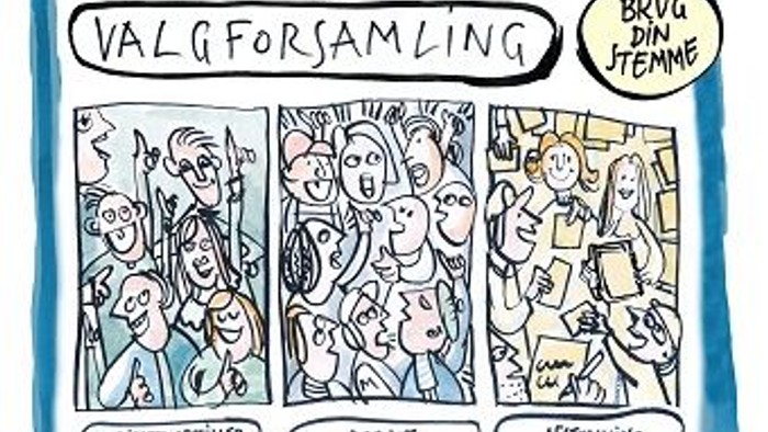 En tegneserie om valgsamling med tre paneler: forberedelse, debatt og afstemning.