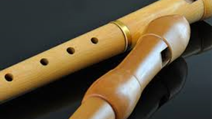 Zwei hölzerne Flöten, die auf einer dunklen Oberfläche liegen.