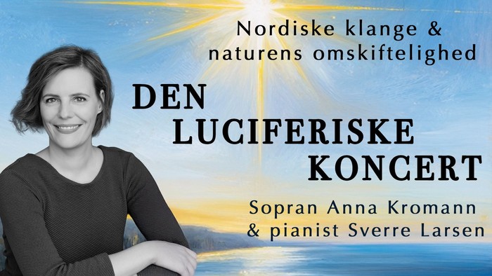 Reklameplakat for koncert med sopran Anna Kromann og pianist Sverre Larsen, der fremfører nordiske toner og naturinspireret musik.