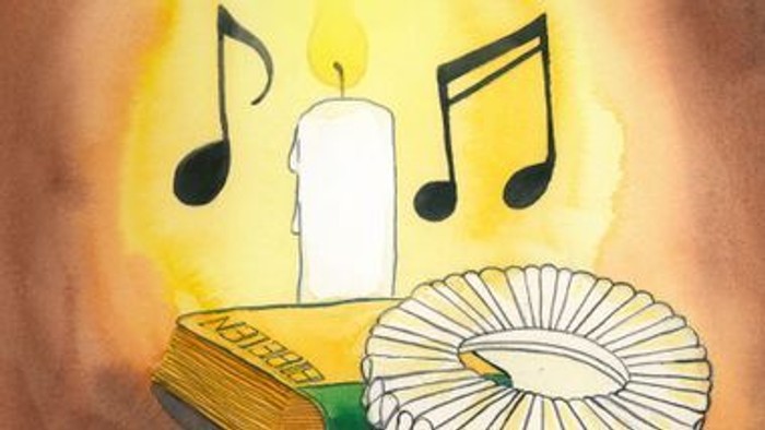 Bog, lysestage og musiknoter