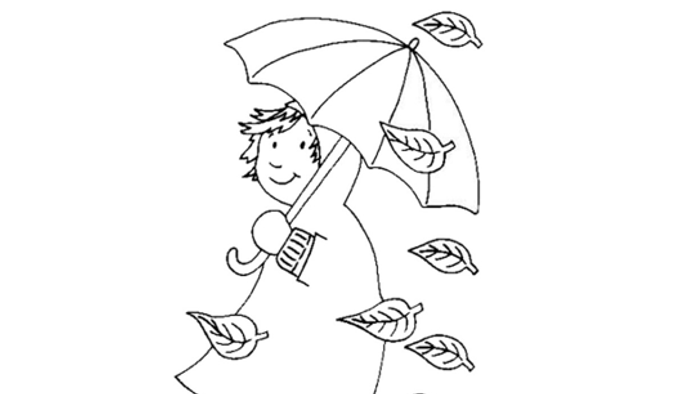 Ein Kind hält einen Regenschirm und spielt mit Blättern.