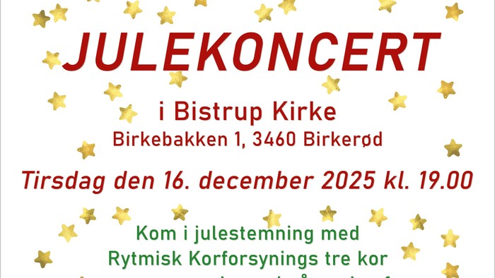 Plakat til julekoncert den 16. december 2025 med forskellige kor og dirigenter.