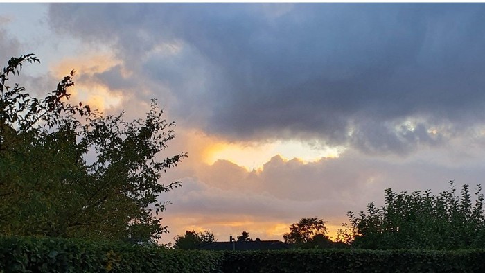 En skønne solnedgang med rødgule toner bag molnefulde himmel og træer.