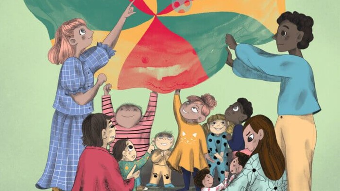 Børn spiller med farverige paraply, mens musikalske noter flyver omkring