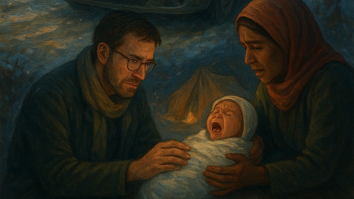 Famille avec un bébé dans la voiture, un éléphant à proximité, montagnes enneigées en arrière-plan.