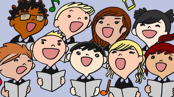 Eine fröhliche Gruppe von Kindern, die fröhlich gemeinsam mit Notenblättern singen.