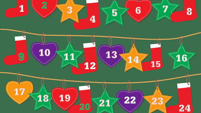 Weihnachts-Adventskalender mit Strümpfen, Herzen und Sternen, nummeriert von 1–24