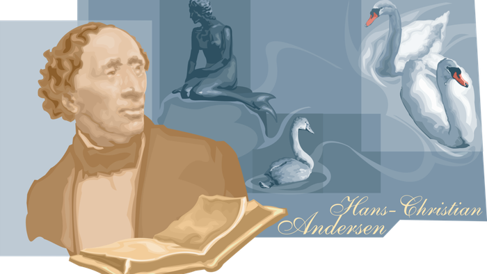 The image features a portrait of Hans Christian Andersen, an open book, a statue, and swans.
