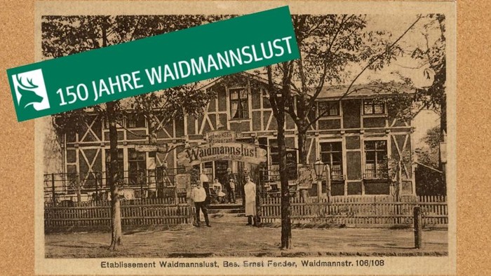 Alte Postkarte mit Gasthaus Waidmannslust, darüber Banner in grün mit Text 
