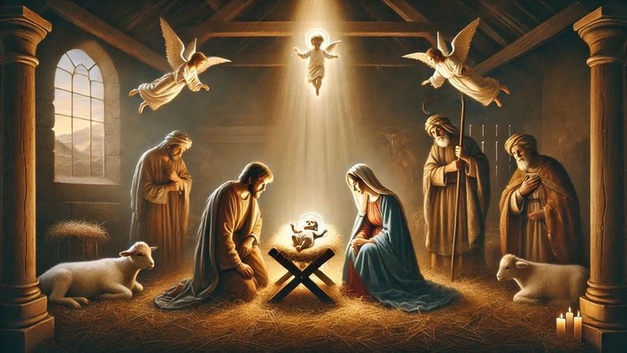 Nativity scene with Mary, Joseph, baby Jesus, angels, and animals in stable.