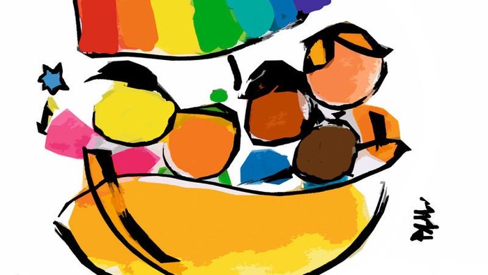 Bunte Vögel sitzen in einem gelben Boot