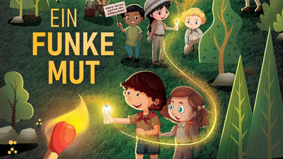 Kinder erkunden nachts mit Taschenlampen einen Wald und feiern das Friedenslicht aus Bethlehem 2025.