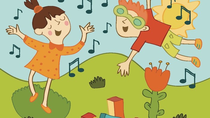 Zwei fröhliche Kinder tanzen in einer grünen Landschaft mit Musiknoten und Blumen.