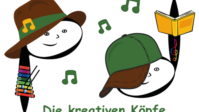 Zwei Schneemänner mit Hüten und Musiknoten, ein Buch schwebt darüber, Text: