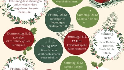 Adventskalender-Plan mit Aktivitäten und Veranstaltungen für jeden Tag.