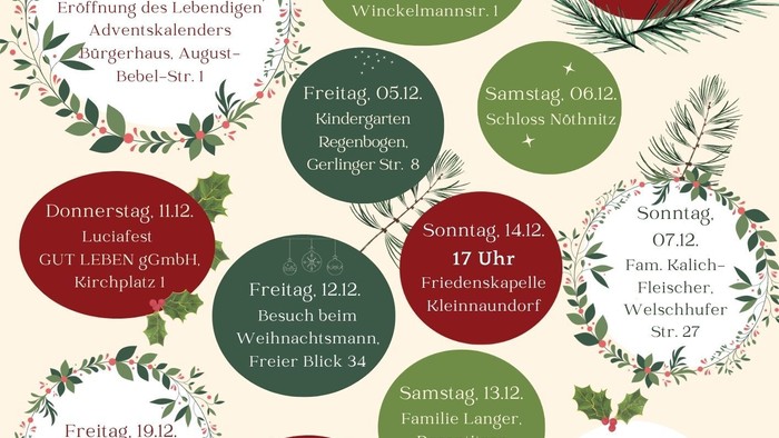 Adventskalender-Plan mit Aktivitäten und Veranstaltungen für jeden Tag.