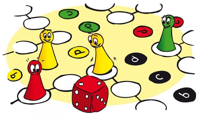 Verschiedene bunte Figuren spielen mit Würfeln und Fragen auf gelbem Hintergrund.