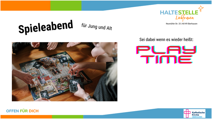 Spielabend-Plakat, das Jung und Alt zu einer unterhaltsamen „Playtime“-Veranstaltung in der Haltestelle Liebfrauen einlädt.