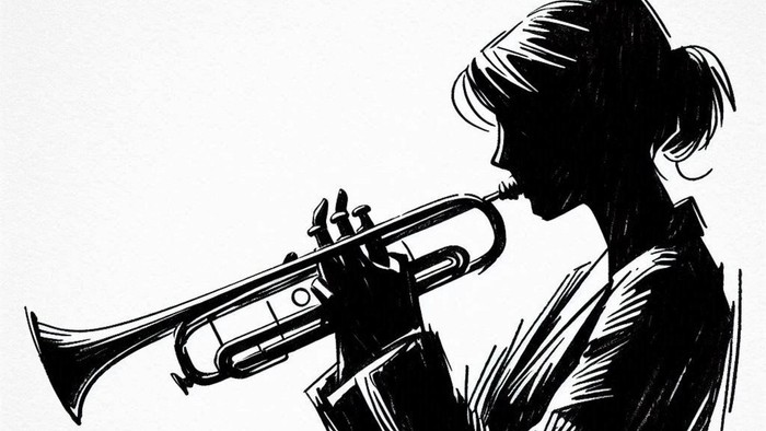 Eine Frau, die Trompete spielt, als Silhouette dargestellt.