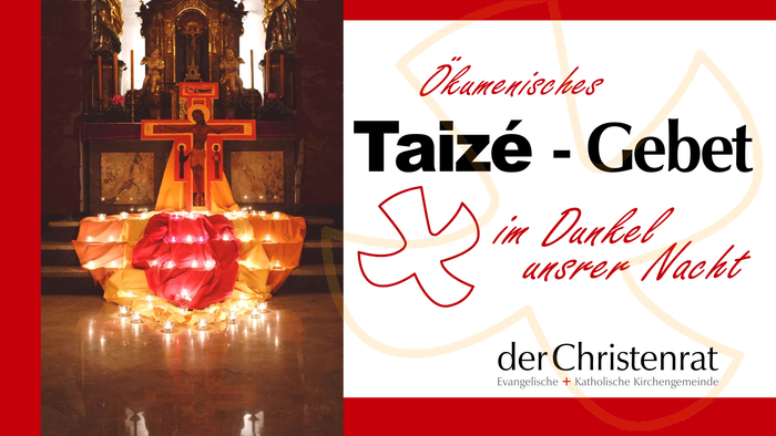 Kircheninneres mit Kreuz und Kerzen, deutscher Text über Weihnachten und die Geburt Christi