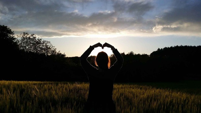 Person steht in Feld und bildet ein Herz mit den Händen bei Sonnenuntergang