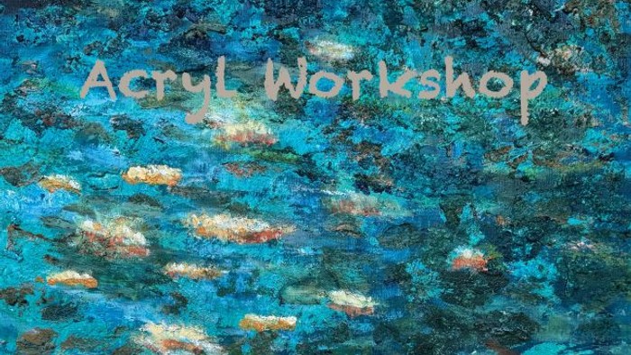 Ein Acrylbild einer lebendigen Unterwasserszene mit Fischen, beschriftet mit „Acryl Workshop“.