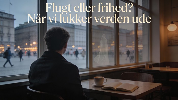 En mand sidder alene på en café og kigger ud ad vinduet på en sneklædt gade, mens han holder en kop kaffe og en bog.