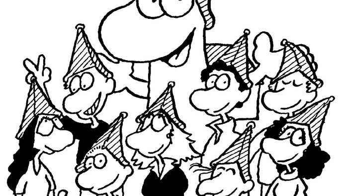 Eine Gruppe von fröhlichen Kindern feiert mit Hüten und Luftballons, darunter steht 