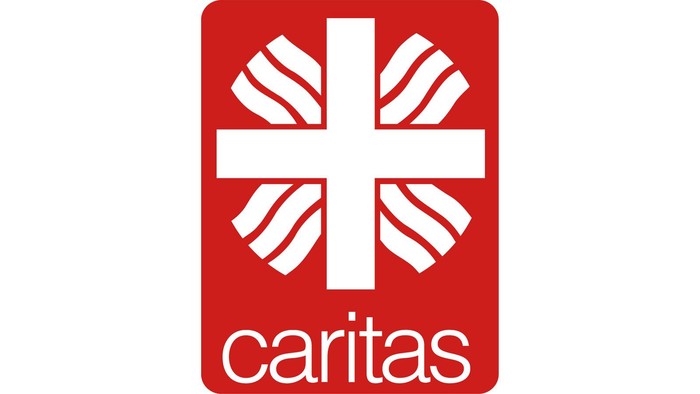 Das Logo von Caritas mit einem roten Hintergrund und weißem Kreuz.