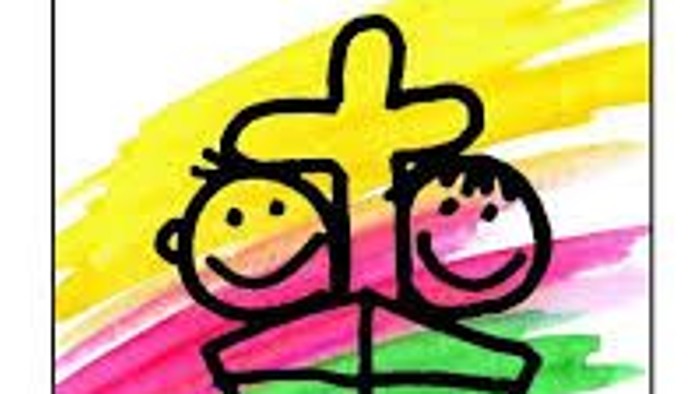 Bunte Kinderillustration, die eine Kirche mit lächelnden Gesichtern zeigt, beschriftet mit „Kirche mit Kindern“ auf Deutsch.