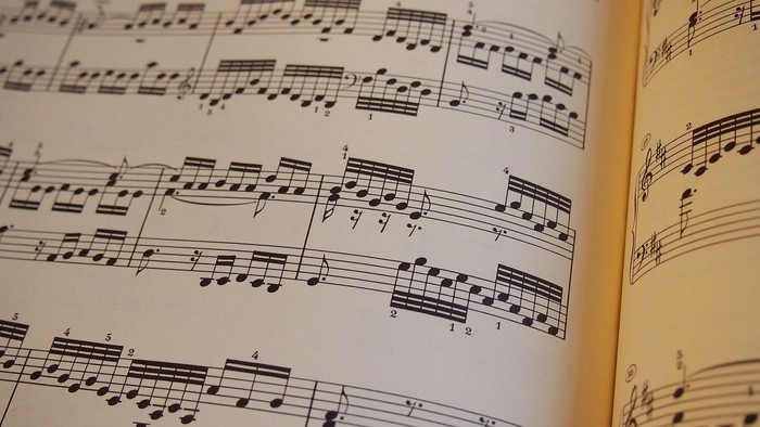 Nærbillede af en åben nodebog med detaljeret nodetegning på flere nodelinjer.