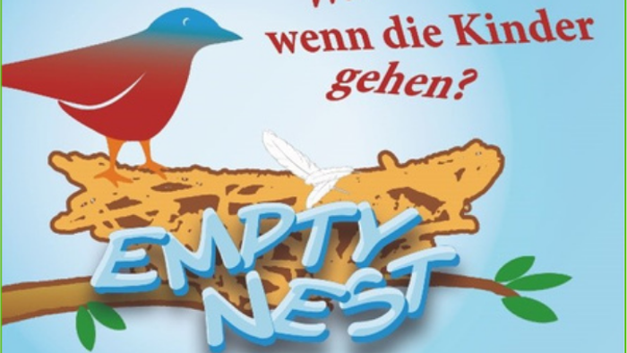 Ein Vogel sitzt auf einem Baum mit einem leeren Nest und einem Fragezeichen über dem Nest, mit Text in Deutsch