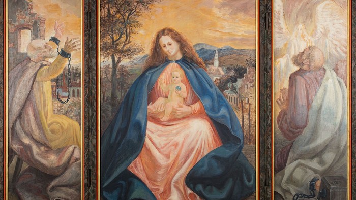 Dreiteiliges religiöses Gemälde mit Maria, Jesus und zwei Heiligen