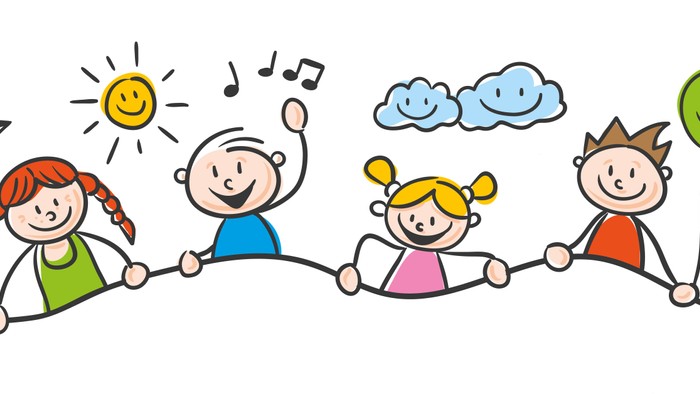 Vier fröhliche Kinder halten sich an den Händen und tanzen im Kreis