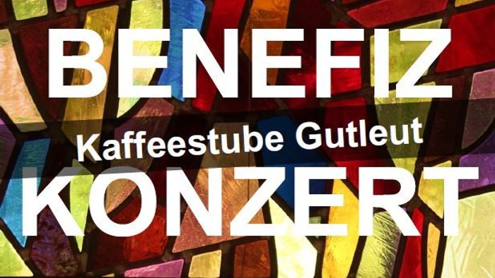 Plakat für Benefizkonzert in der Kaffeestube Gutleut mit Chorgesang und warmen Mahlzeiten für Bedürftige.