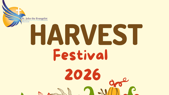 Harvest Festival 2026 poster announces service, lunch, and food donations for North Guildford Food Bank on October 4th.