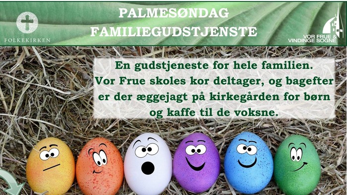 Familiepåskegudstjenesteinvitation med farverige pyntede æg og familievenlige aktiviteter.