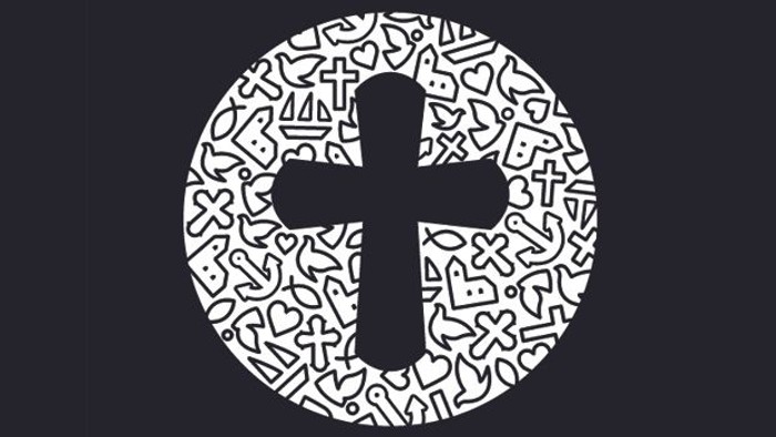 En sort og hvid krets med et centralt kors omgivet af små symboler og tegninger