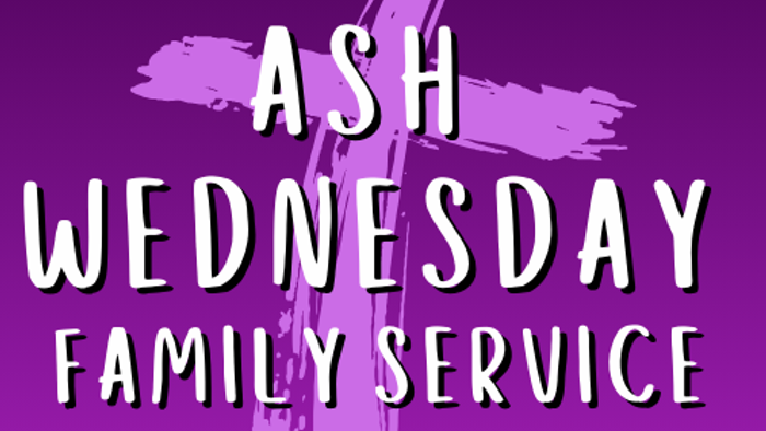 Purple-themed poster for Ash Wednesday family church service with a cross graphic.