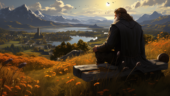 Eine einsame Gestalt sitzt auf einer Bank mit Blick auf eine malerische Landschaft mit Bergen, einem See und einem Dorf.
