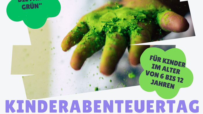 Plakat für einen Kinder-Abenteuertag mit bunten Aktivitäten und Geschichten über Gott, geplant am 14. März 2026.