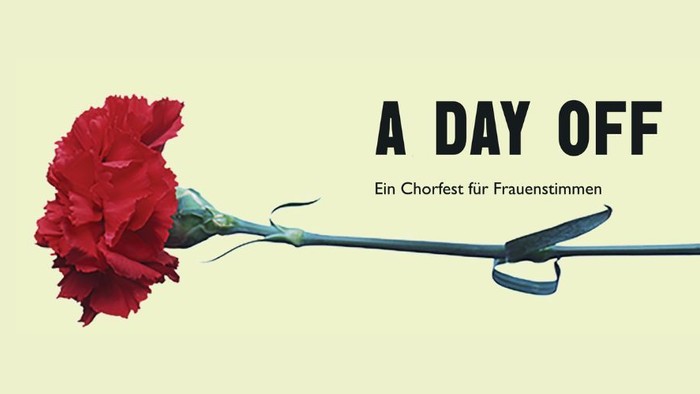 Eine rote Nelke quer, darüber Text 'A Day Off, ein Chorfest für Frauenstimmen'
