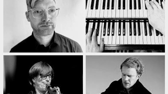 Fire musikere i sort-hvide portrætter, der spiller klaver, saxofon og guitar.