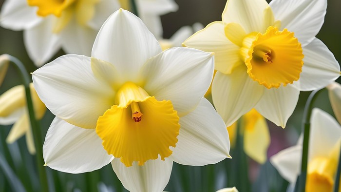 Lysende klynge af hvide påskeliljer med livlige gule centre, der blomstrer sammen.
