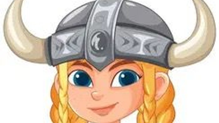 A cartoon girl dressed as a Viking, wearing a helmet with horns, armor, and boots.